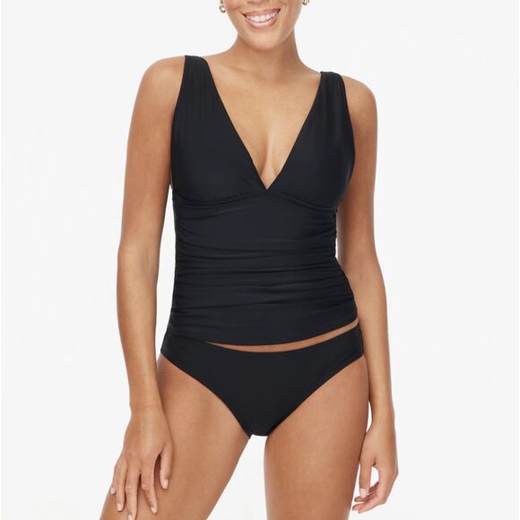 J.Crew Ruched Plunge Tankini Top WMNS M Black Deep V-Neck Lined Adjustable Strap - Picture 1 of 9
